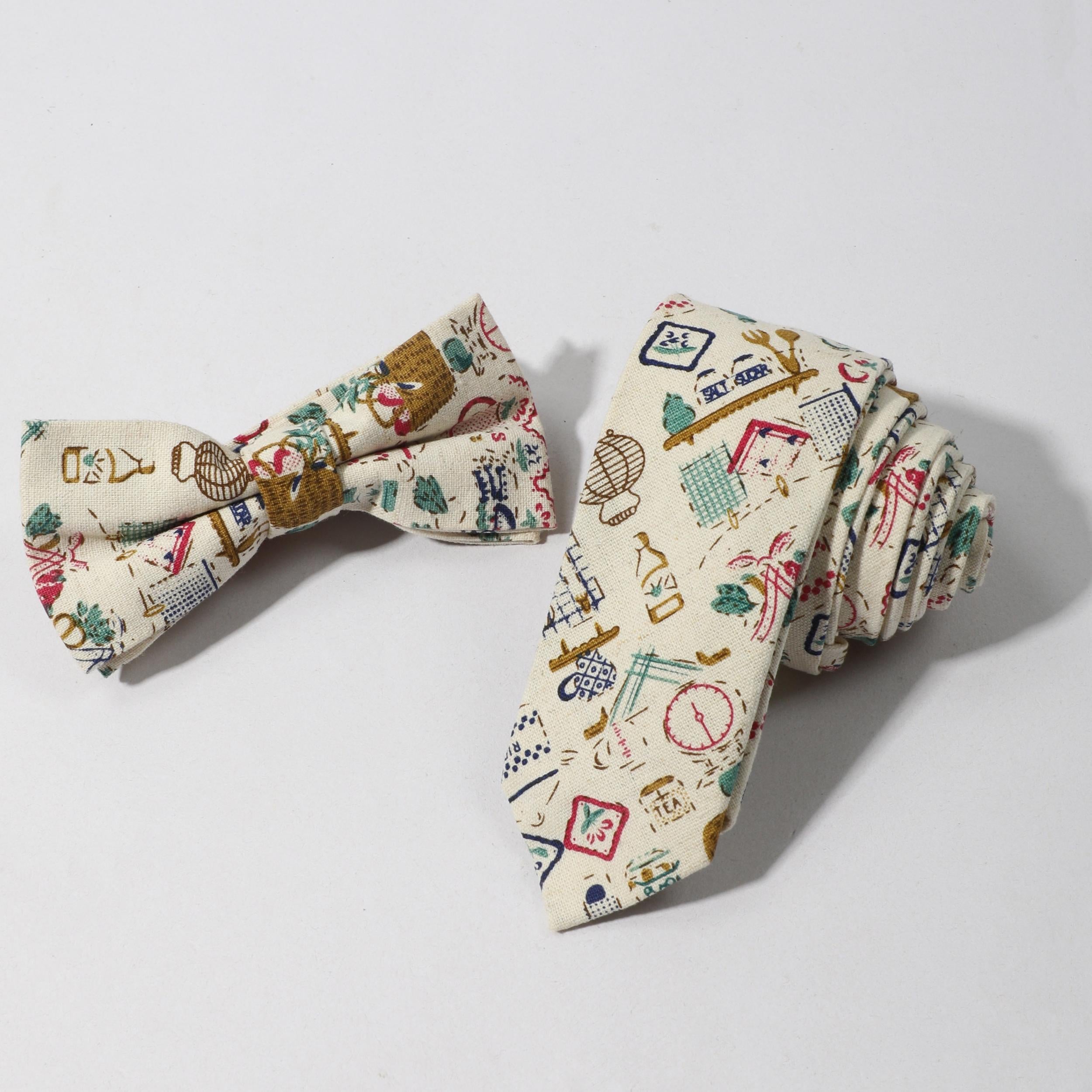 Men's Cartoon Pattern Necktie Bow Tie Set For Wedding Party Wear
