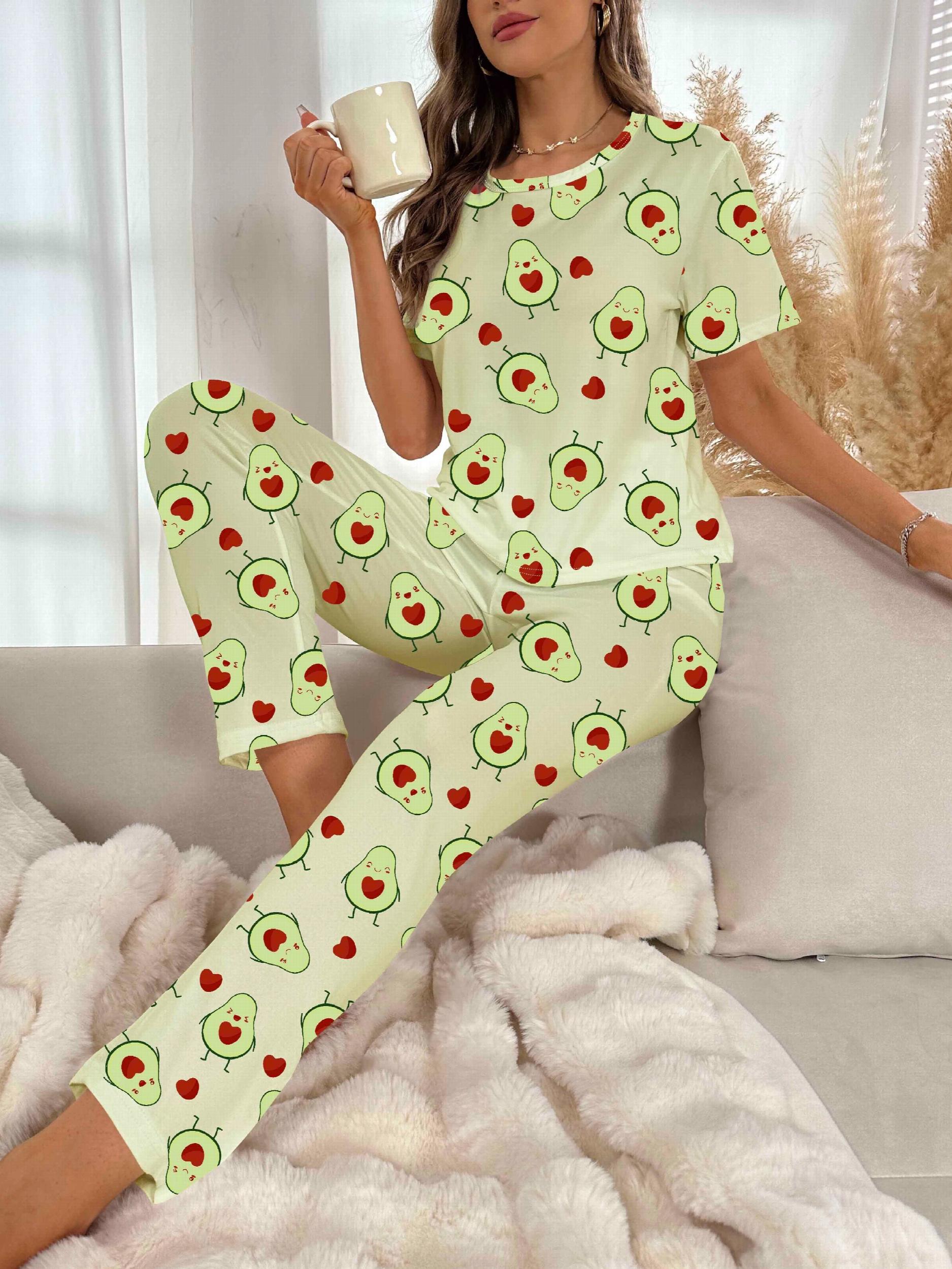 Avocado Print Pajama Set Short Sleeve Crew Neck Top & Pants Women's Sleepwear