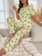 Avocado Print Pajama Set Short Sleeve Crew Neck Top & Pants Women's Sleepwear