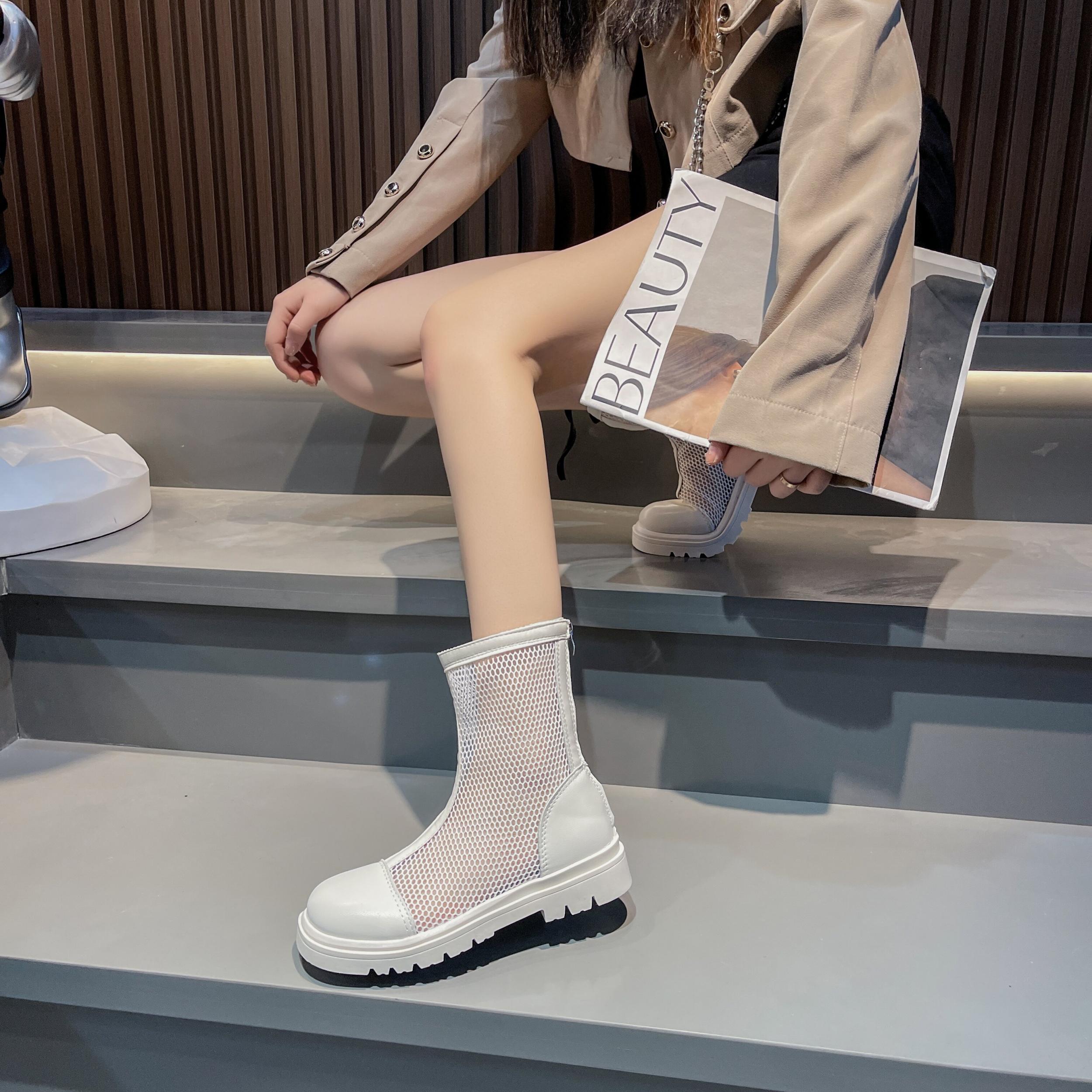 Women's Hollow Out Ankle Boots Round Toe Back Zipper Shoes