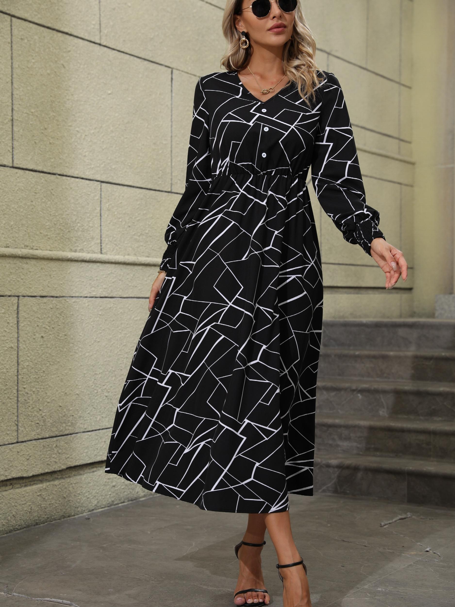 Geo Print Midi Dress V Neck Long Sleeve Dress Women's Clothing