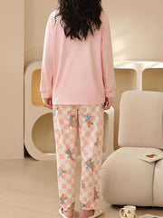 Cartoon Print Pajama Set Long Sleeve Top & Plaid Pants