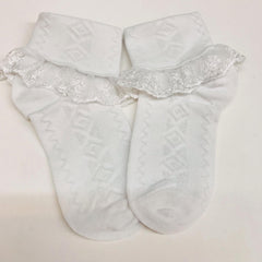 Girls Lace Brim Socks w/ Rhinestone Bow, Soft Elastic Princess Crew Socks
