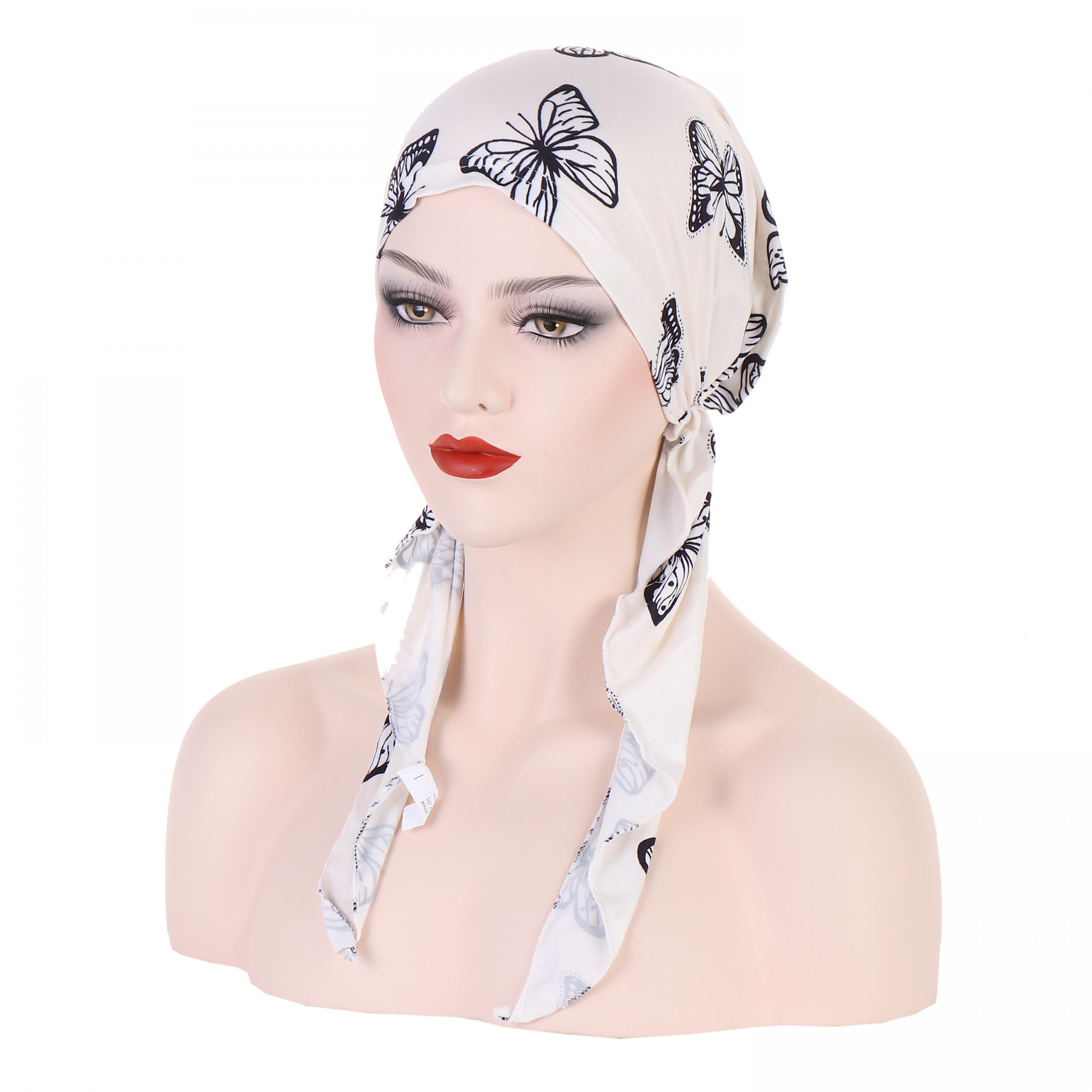Butterfly Print Turban Cap Lace Up Headwrap Casual Beanie Elastic Head Scarf