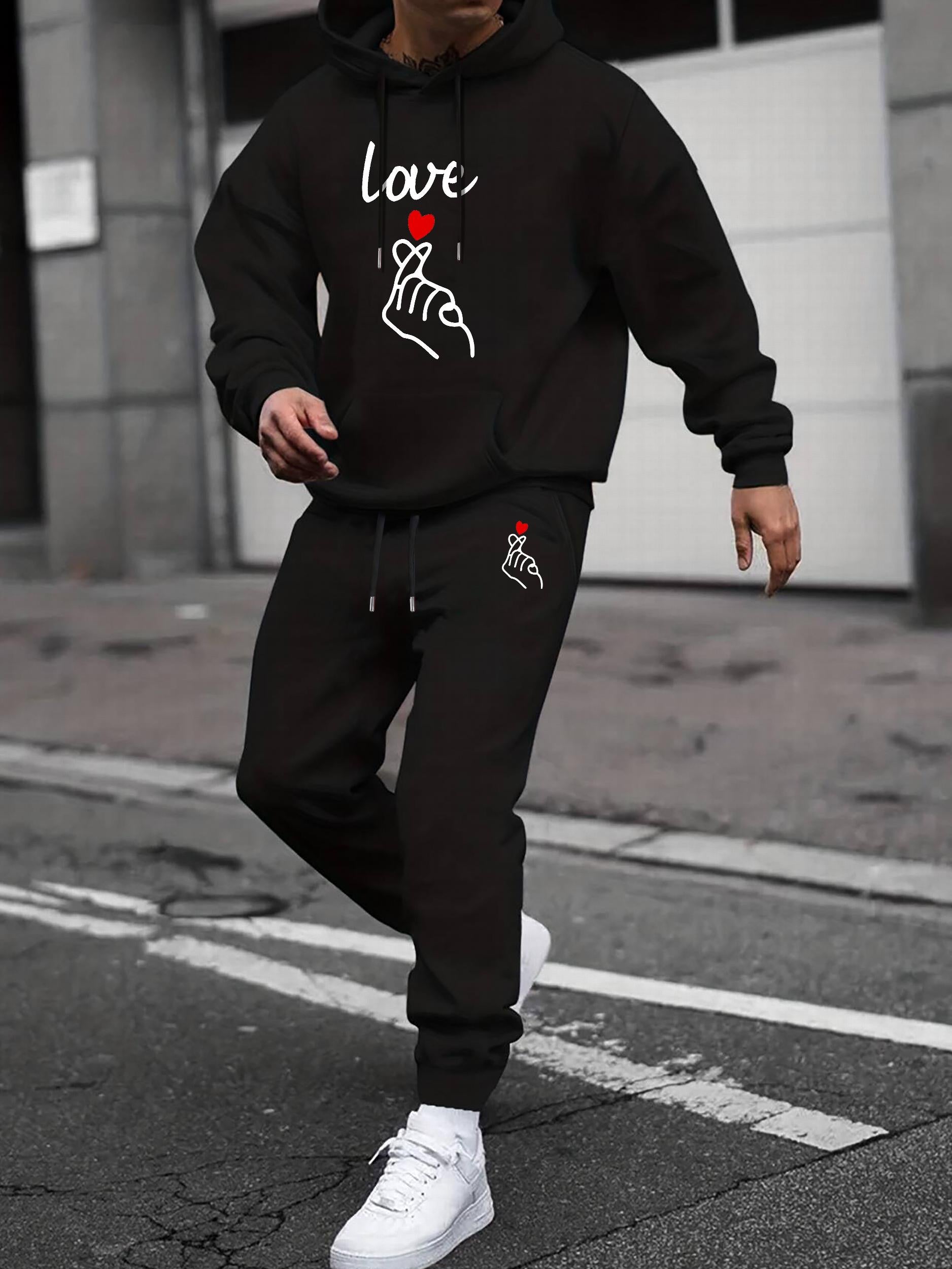 Love Hearts Print Men's 2Pcs Outfits Crew Neck Long Sleeve T Shirt Hooded Sweats