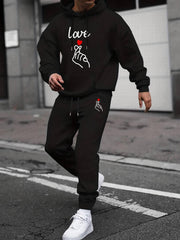 Love Hearts Print Men's 2Pcs Outfits Crew Neck Long Sleeve T Shirt Hooded Sweats