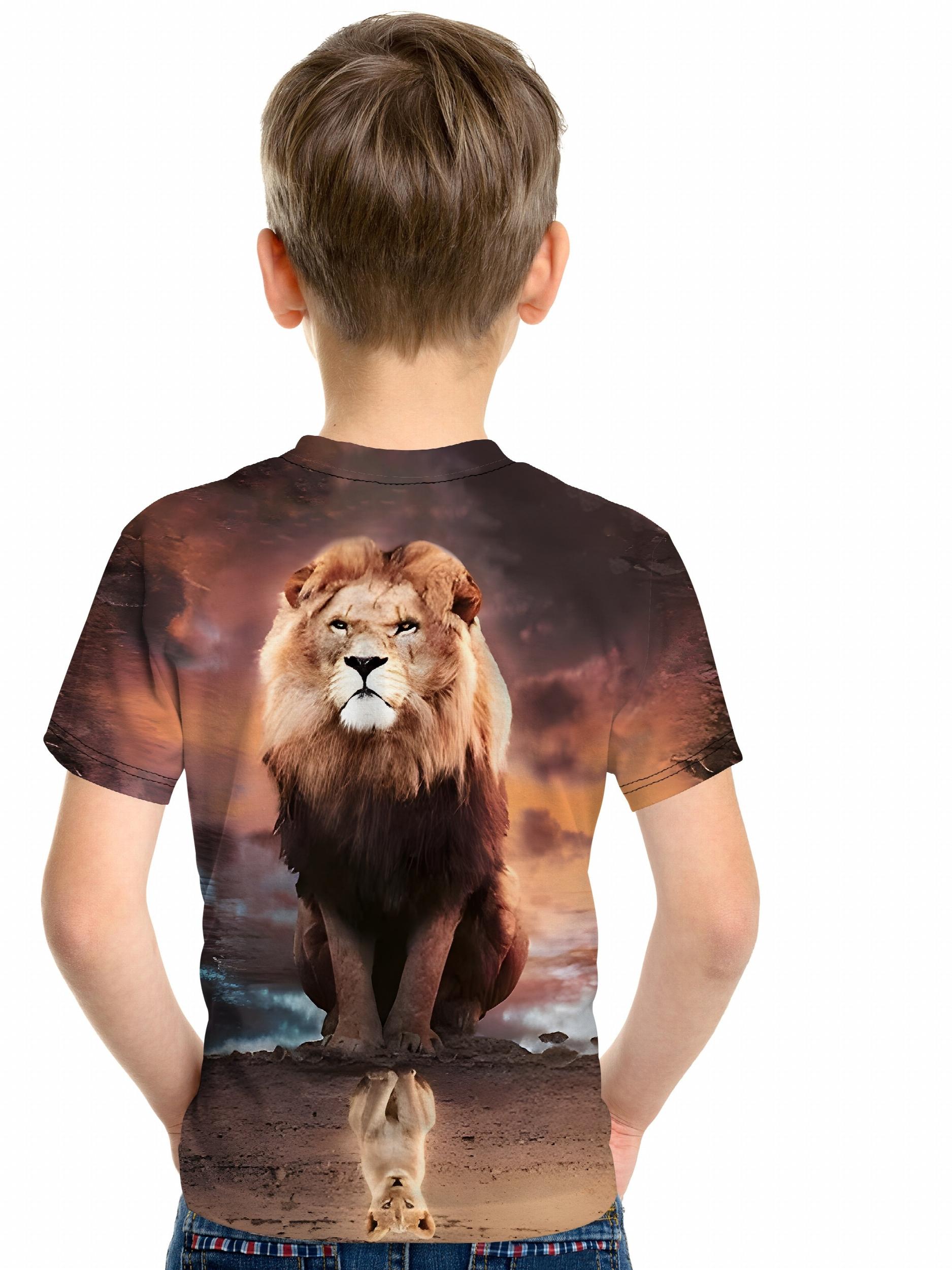 Boys Lion 3D Print T-shirt Short Sleeve Crew Neck Top Casual Kids Clothes