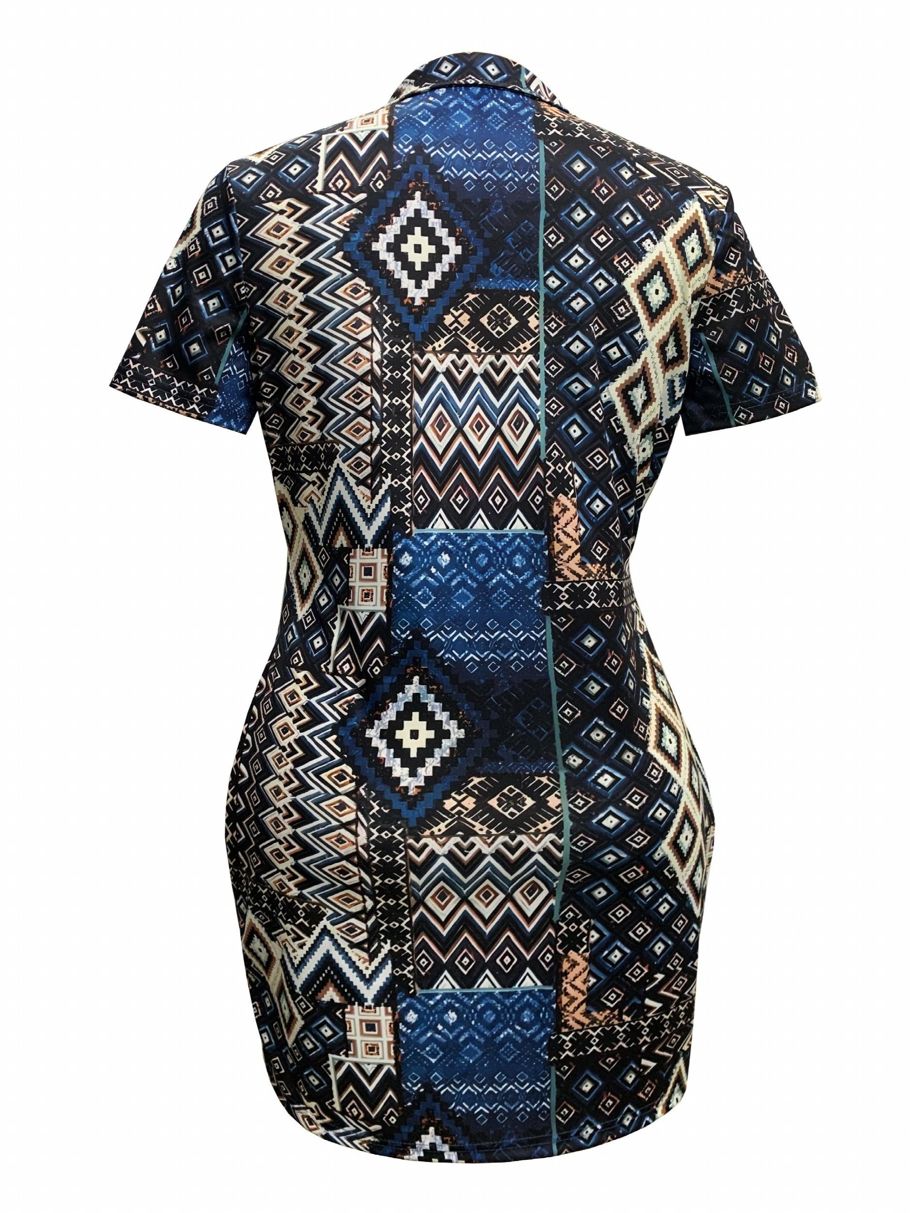 Geometric Print Short Sleeve V Neck Stretch Dress
