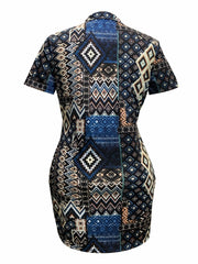 Geometric Print Short Sleeve V Neck Stretch Dress