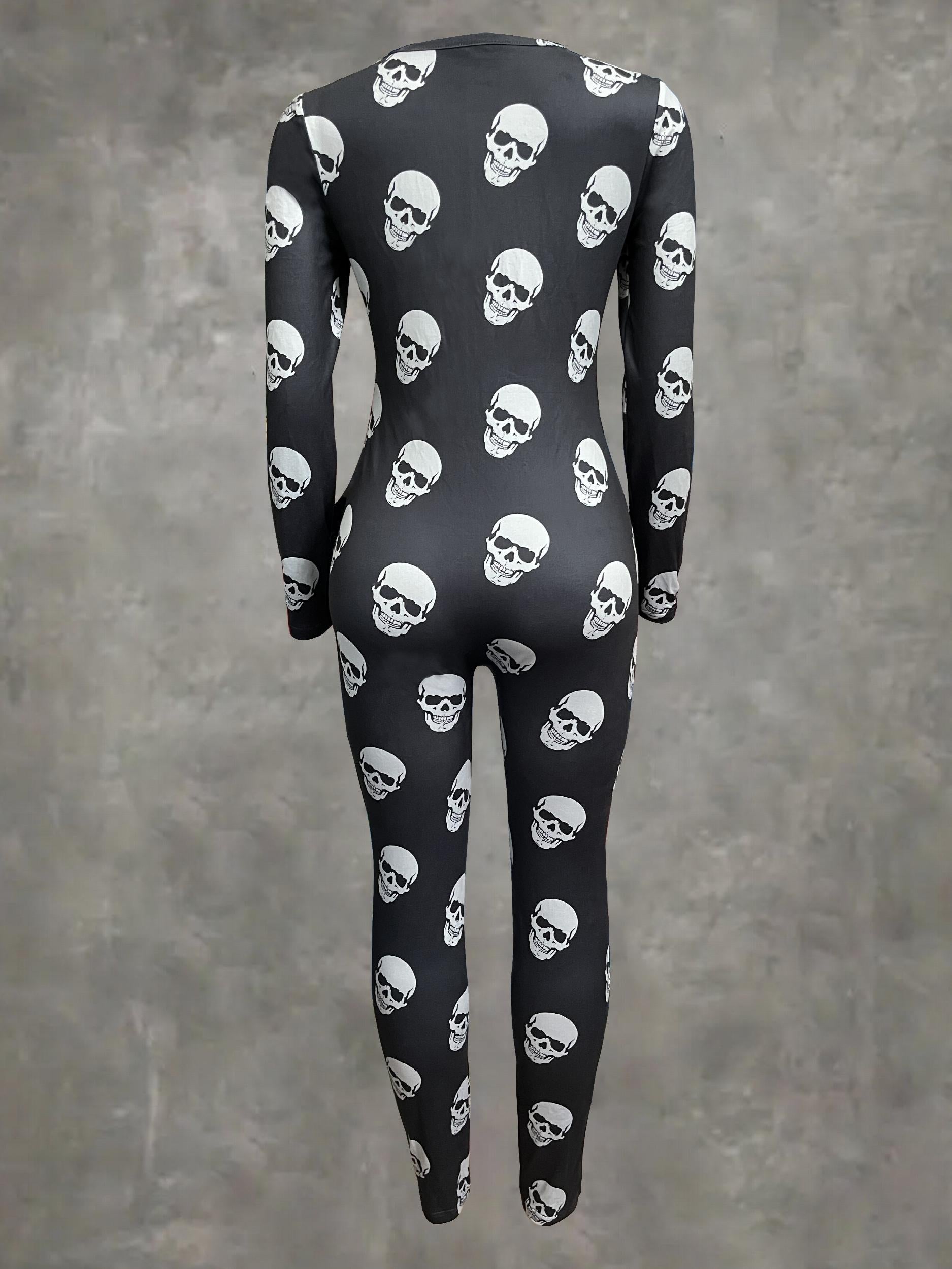 Skull Print Button Front Jumpsuit Long Sleeve Slim Fit Women's Clothing