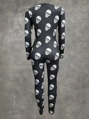 Skull Print Button Front Jumpsuit Long Sleeve Slim Fit Women's Clothing