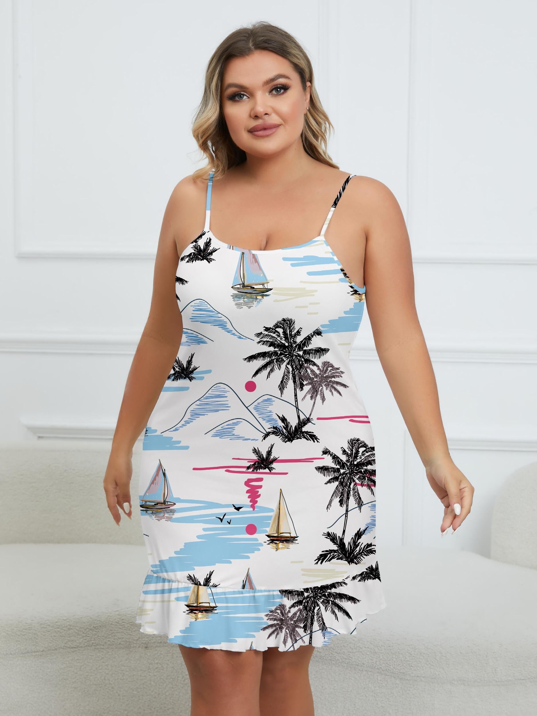 Tropical Print Ruffle Trim Cami Nightdress