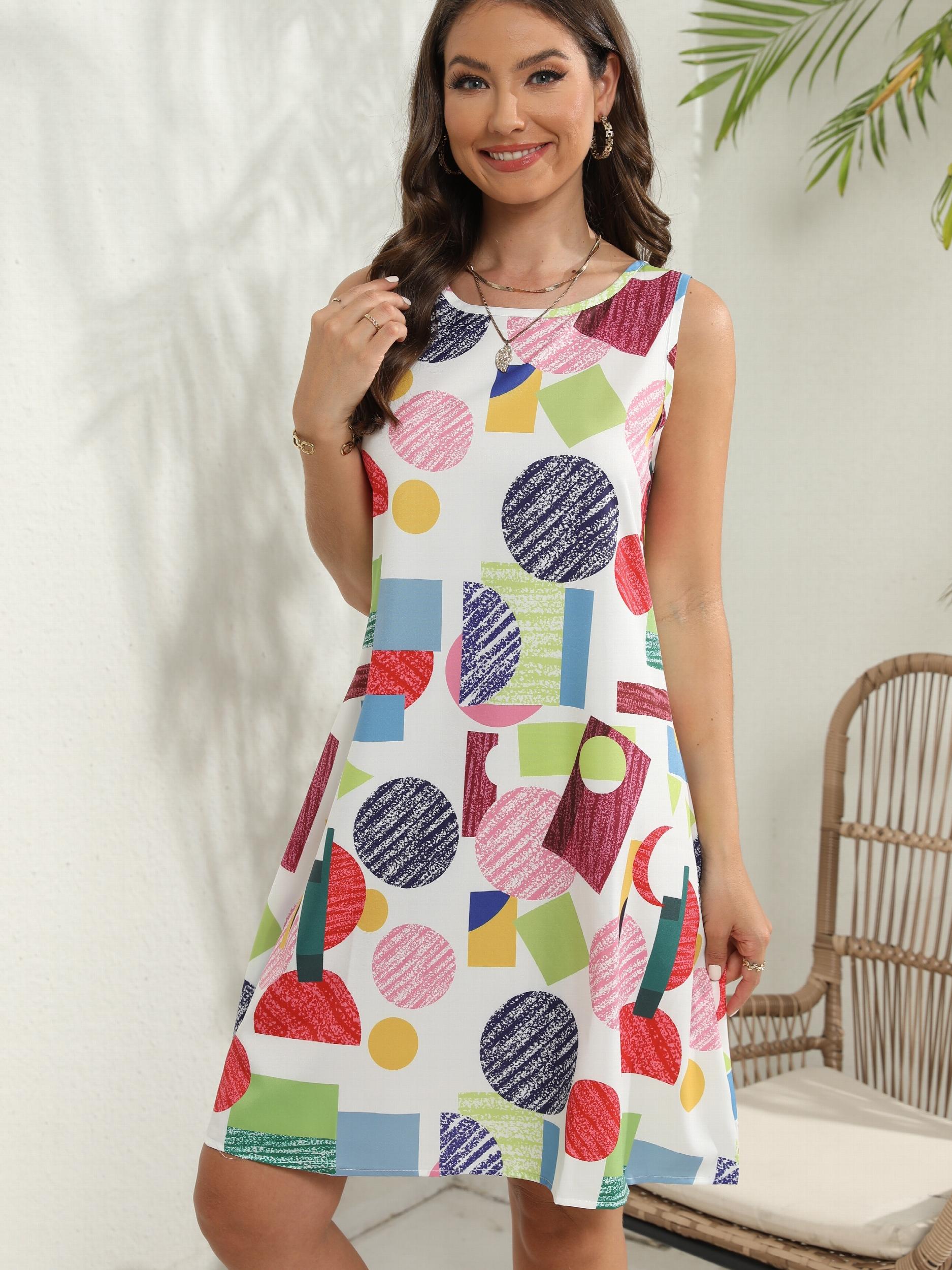 Geometric Print Dress Crew Neck Sleeveless Tank Dress For Summer