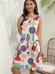 Geometric Print Dress Crew Neck Sleeveless Tank Dress For Summer