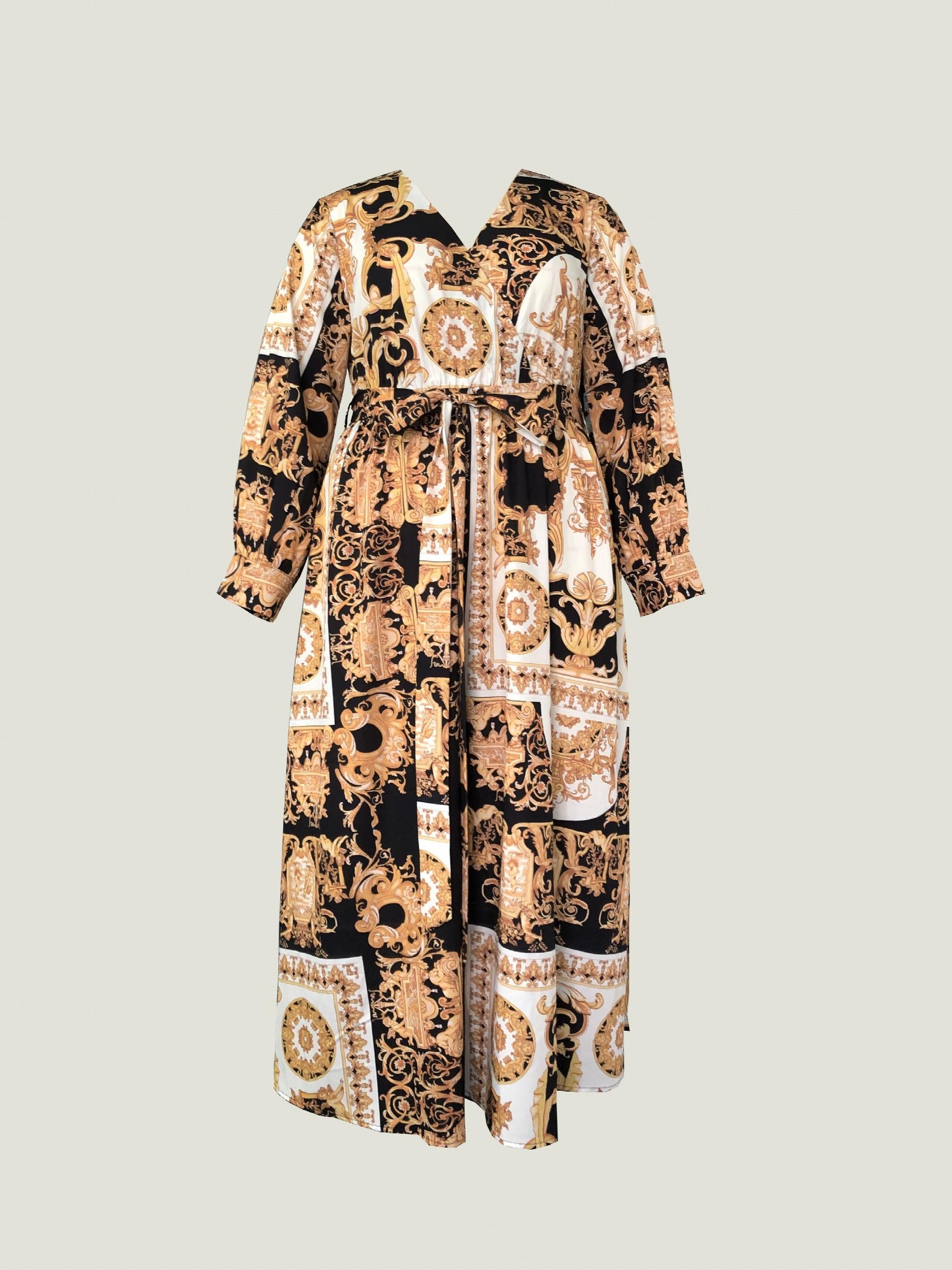 Women's Plus Baroque Print Long Sleeve Maxi Dress