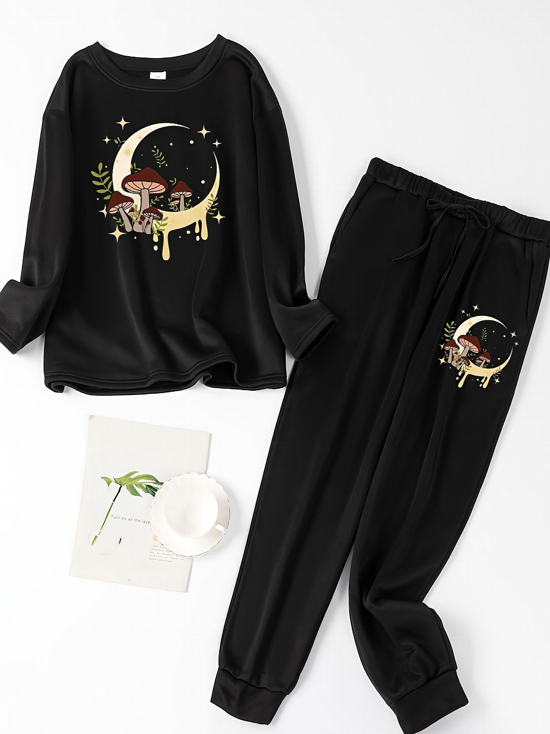 Mushroom & Moon Print Long Sleeve Tee & Joggers Pajama Set