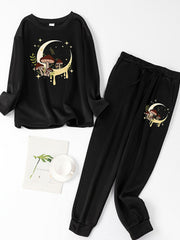 Mushroom & Moon Print Long Sleeve Tee & Joggers Pajama Set