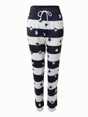 Striped & Star Print Drawstring Pants Women's Casual Pants