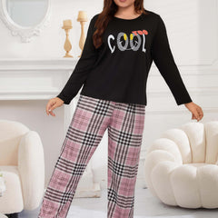 Preppy Pajamas Set Women's Letter Graphic Tee & Plaid Pant