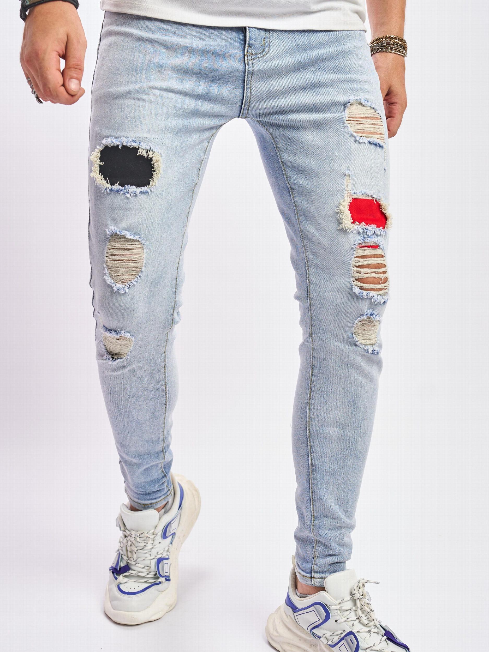 Slim Fit Ripped Jeans Men's Casual Street Style Distressed Mid Stretch Denim
