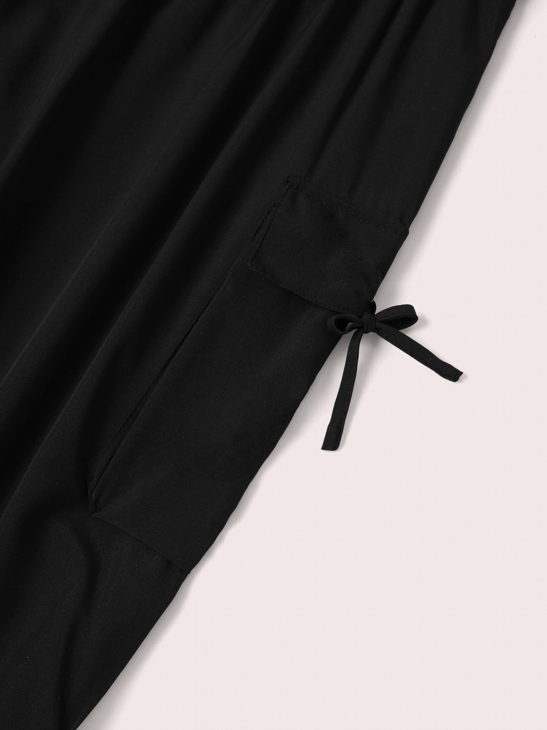 Solid Elastic Side Ruched Tie Maxi Cargo Skirt