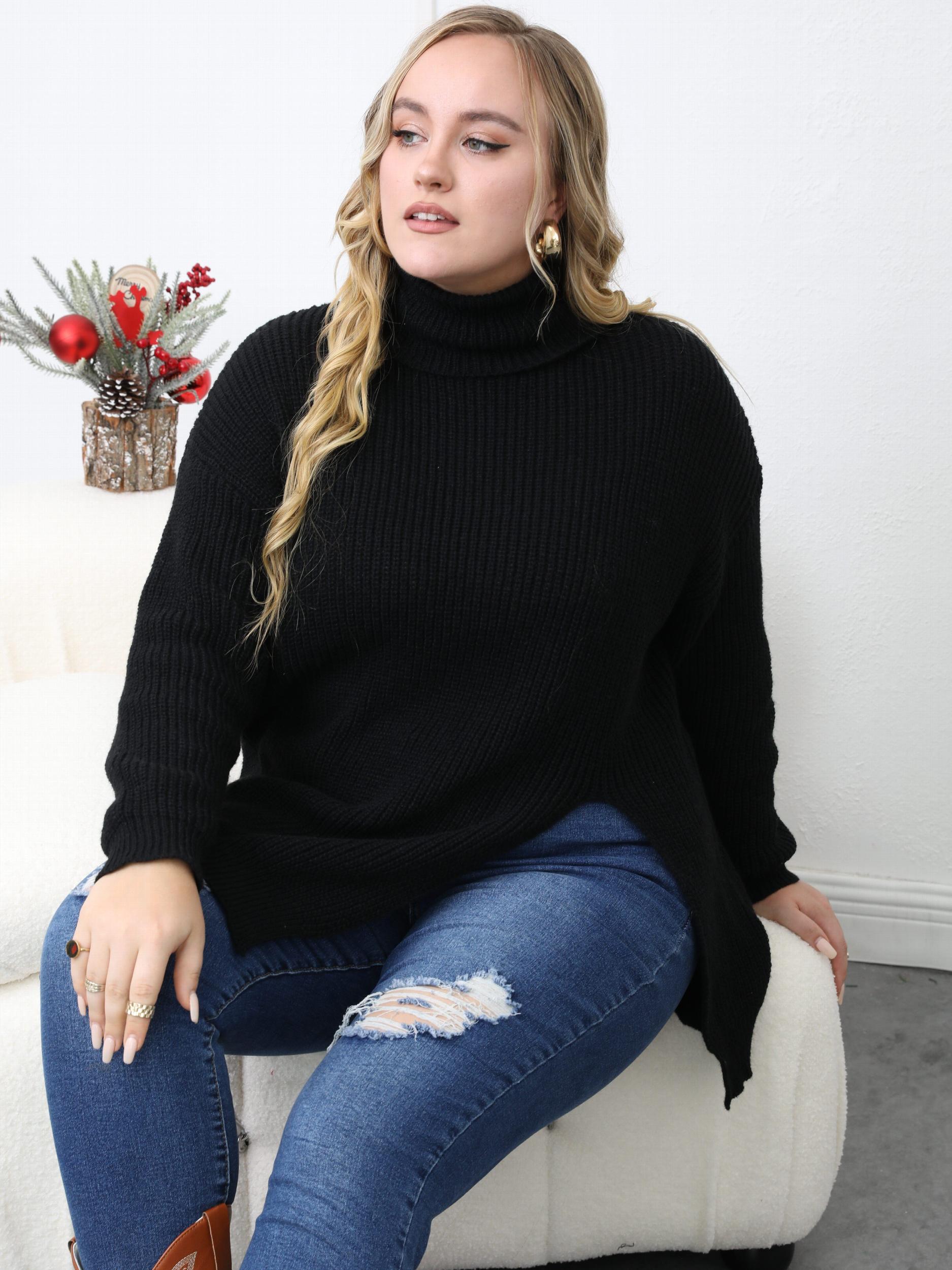 Turtleneck Sweater Long Sleeve Split Knitted Jumper