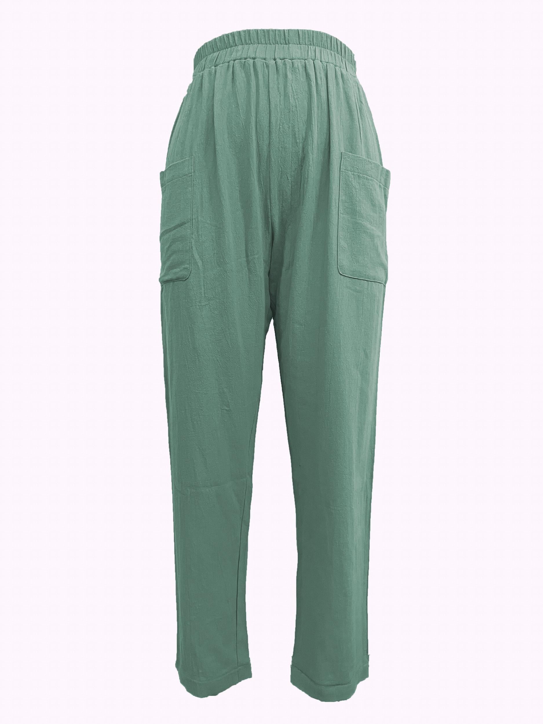 Elastic Waist Pocket Cropped Pants Casual Loose Pants