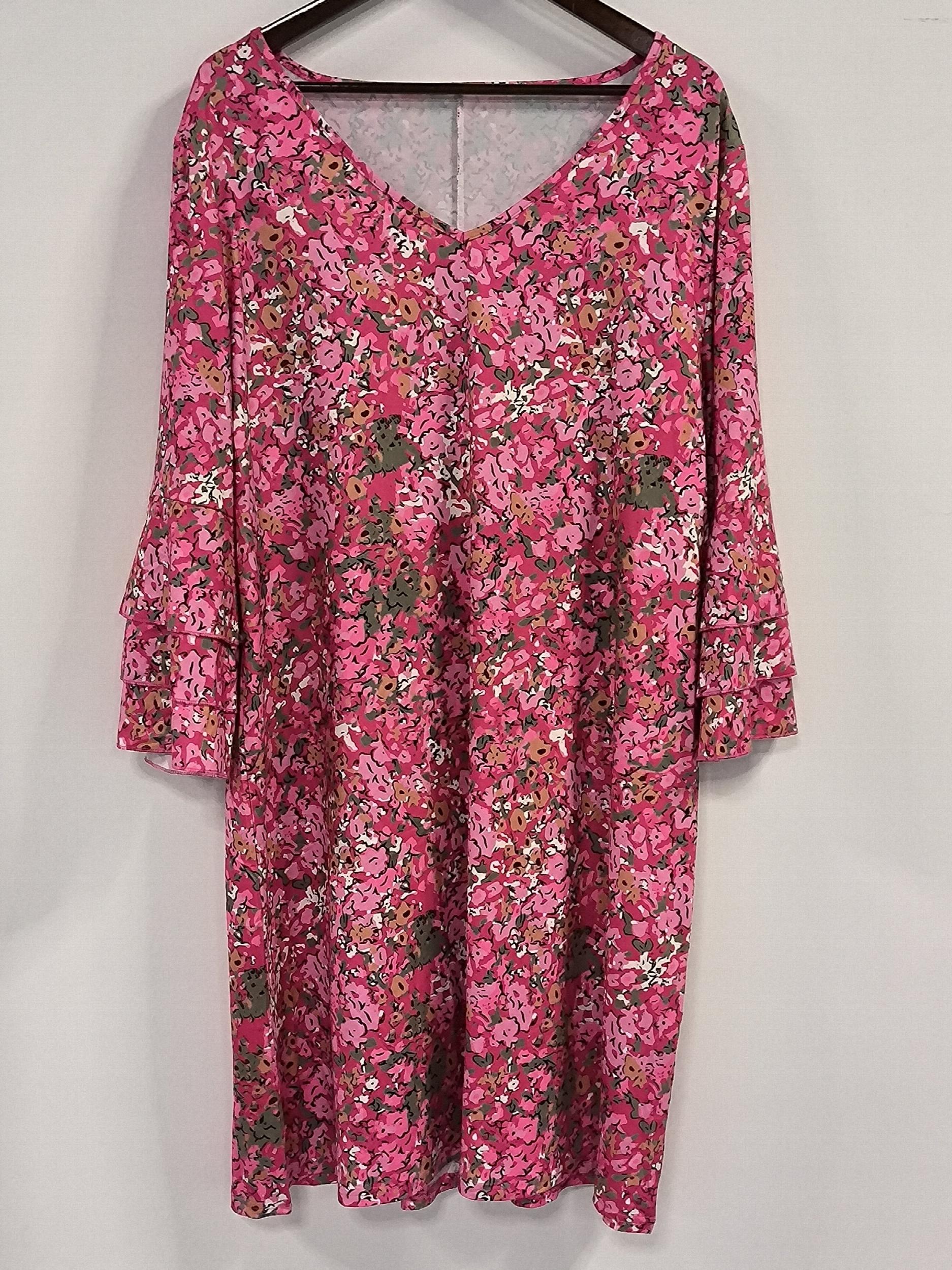 Boho Dress Women's Plus Ditsy Floral Print Layered Sleeve V Neck Dress