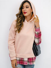 Plaid Pattern Hooded Sweatshirt Pink Long Sleeve