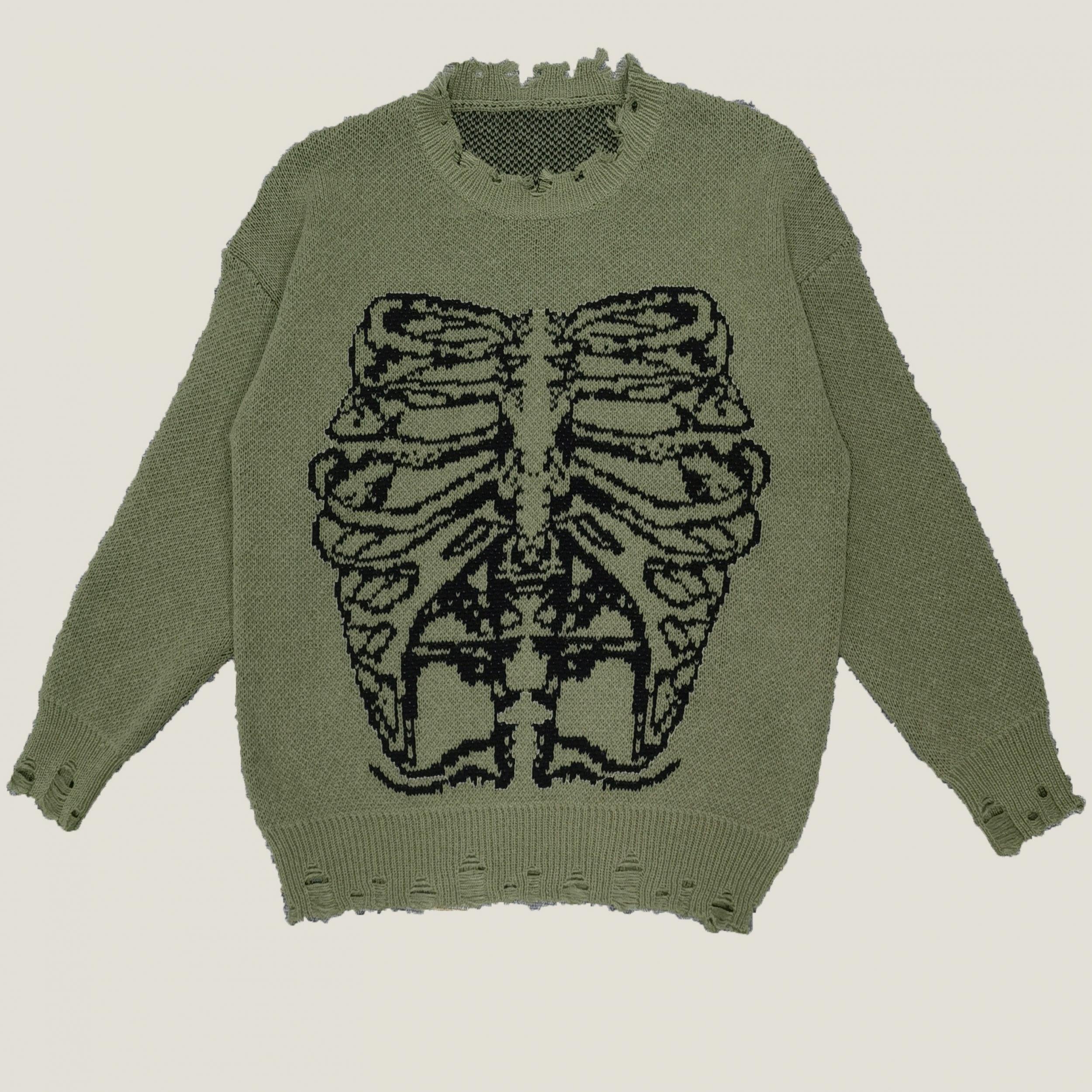 Goth Skeleton Print Ripped Sweater