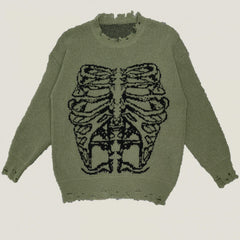 Goth Skeleton Print Ripped Sweater
