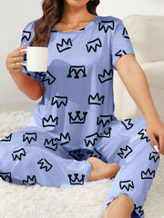 Crown Print Lounge Set Short Sleeve Tee & Pants Two Piece Set