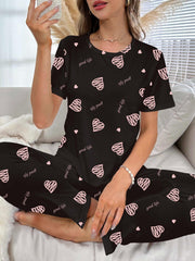 Heart Print Pajama Set Short Sleeve Top & Pants