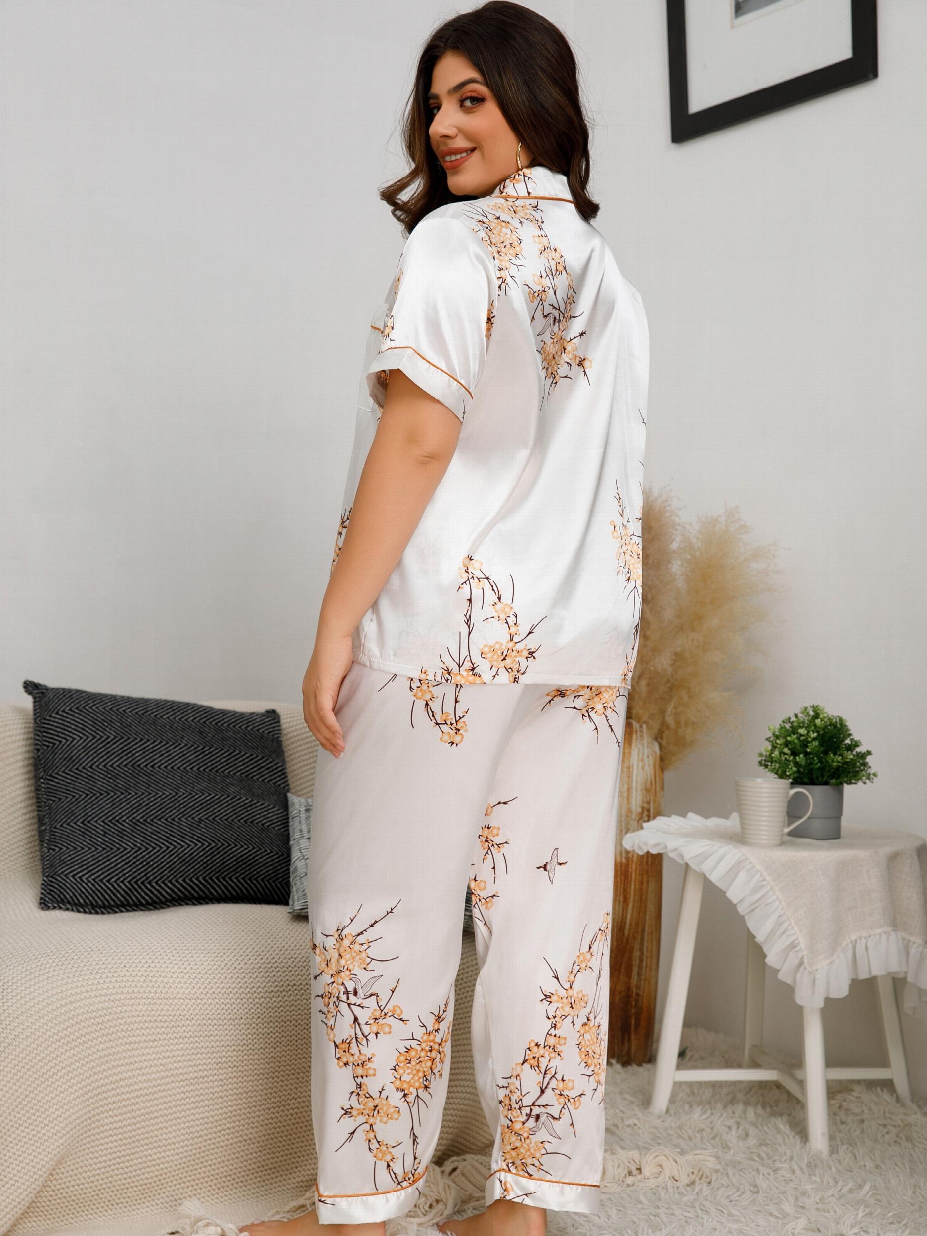Floral Print Pajama Set Short Sleeve Button Up Shirt & Pants