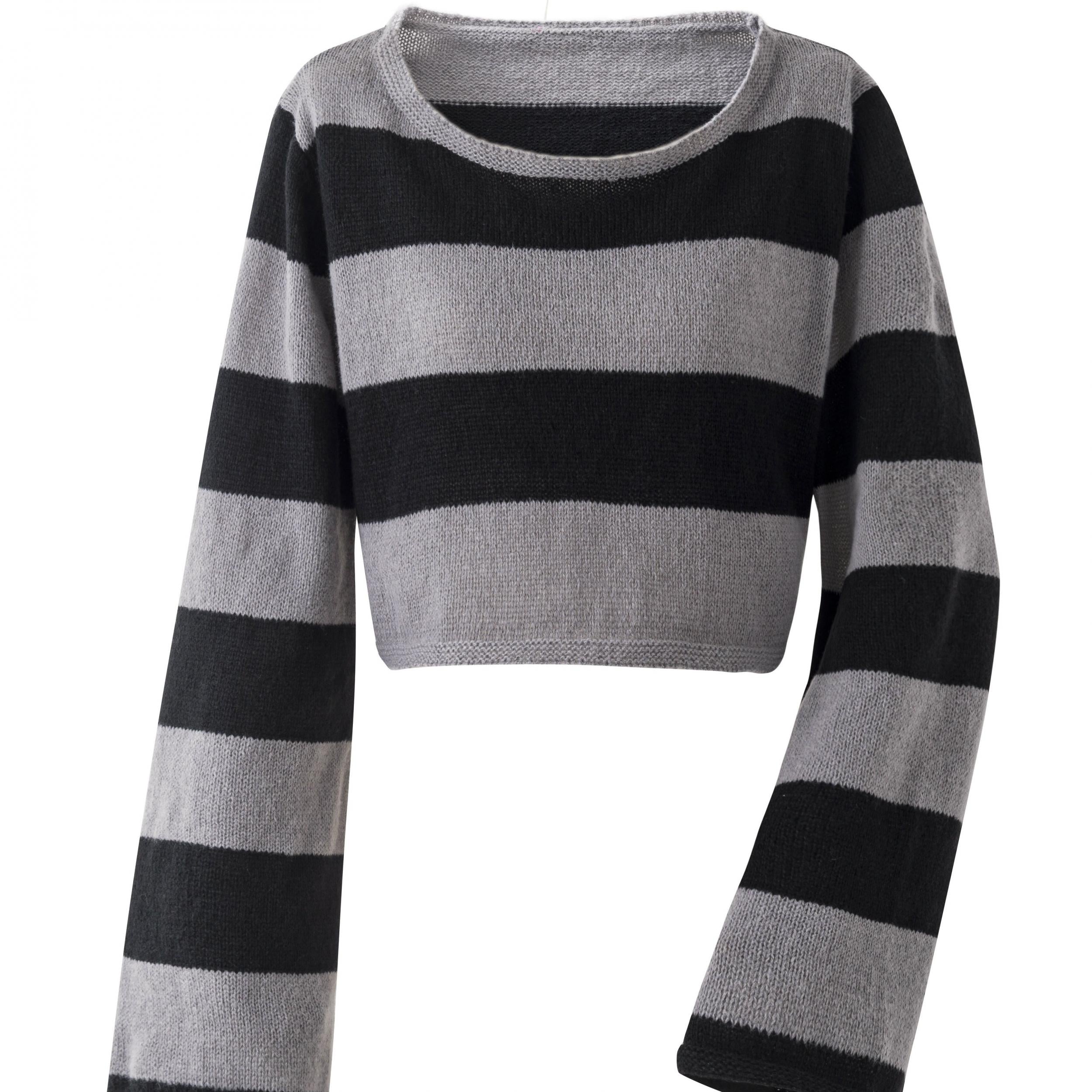 Grunge Block Striped Knit Sweater Crew Neck Long Sleeve Women's