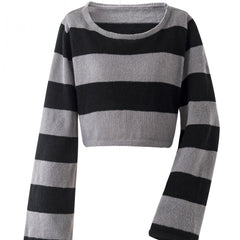 Grunge Block Striped Knit Sweater Crew Neck Long Sleeve Women's