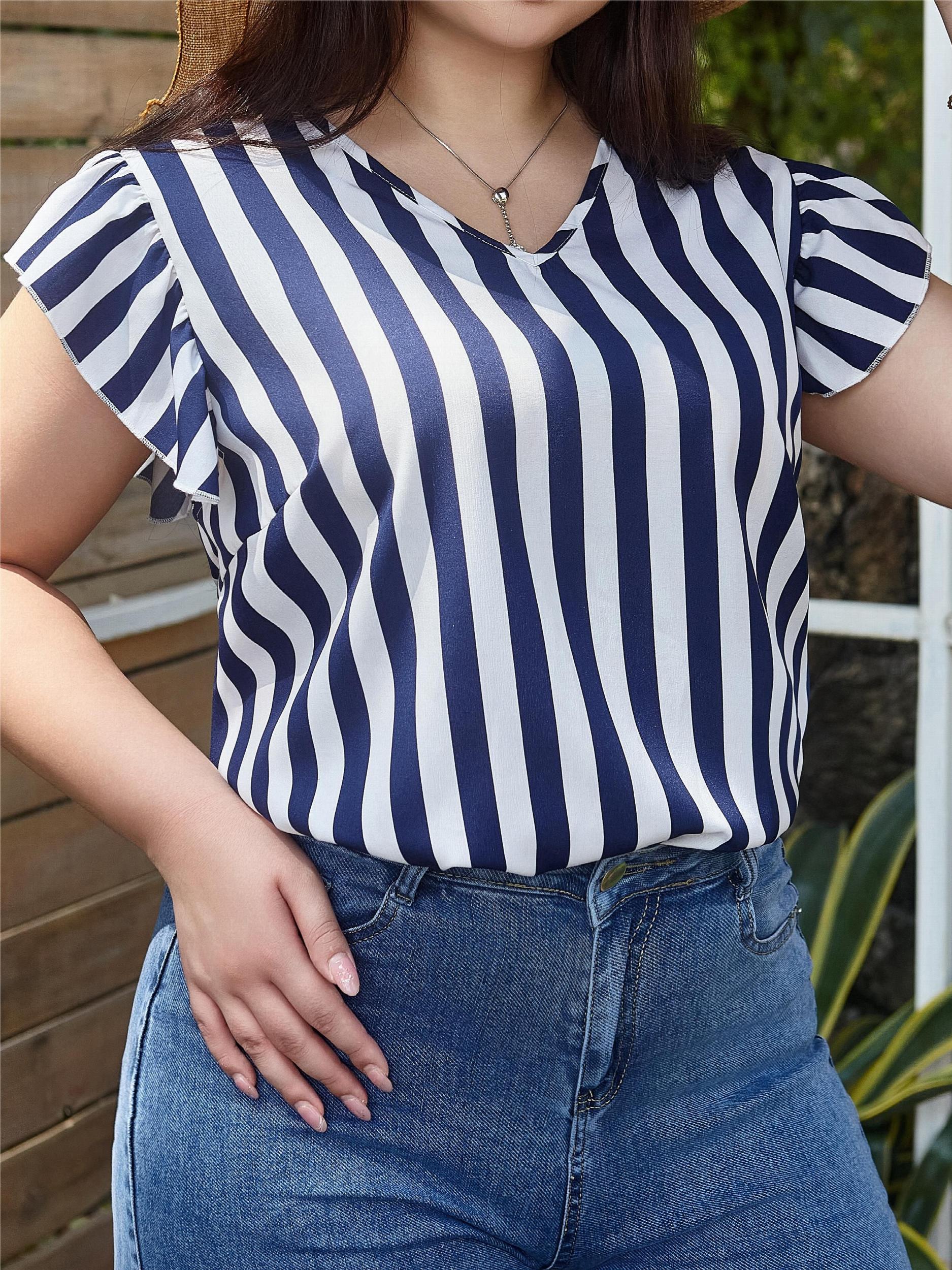 Stripe Print Cap Sleeve V Neck Blouse