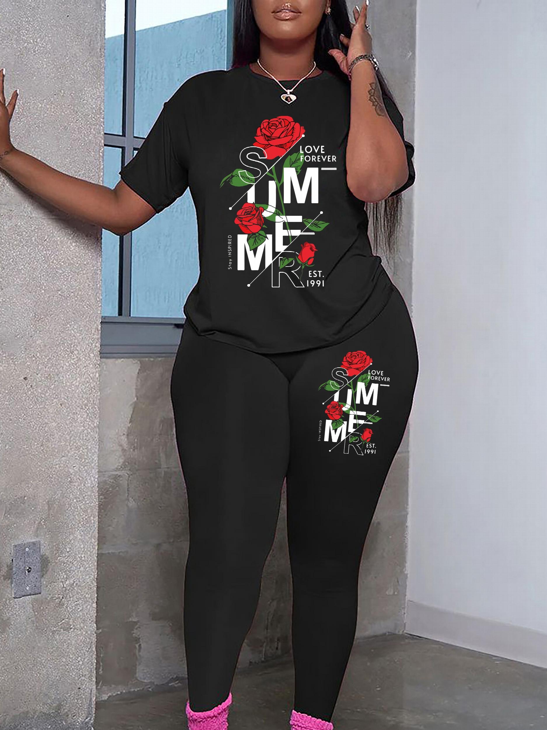 Rose Print Tee & Leggings Set Short Sleeve Casual 2pcs