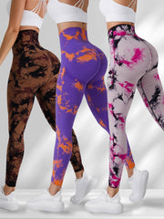 3Pcs Tie Dye Seamless Yoga Pants High Stretch
