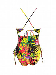 Tropical Leaf Print One Piece Swimsuit V Neck Spaghetti Strap Bathing Suit