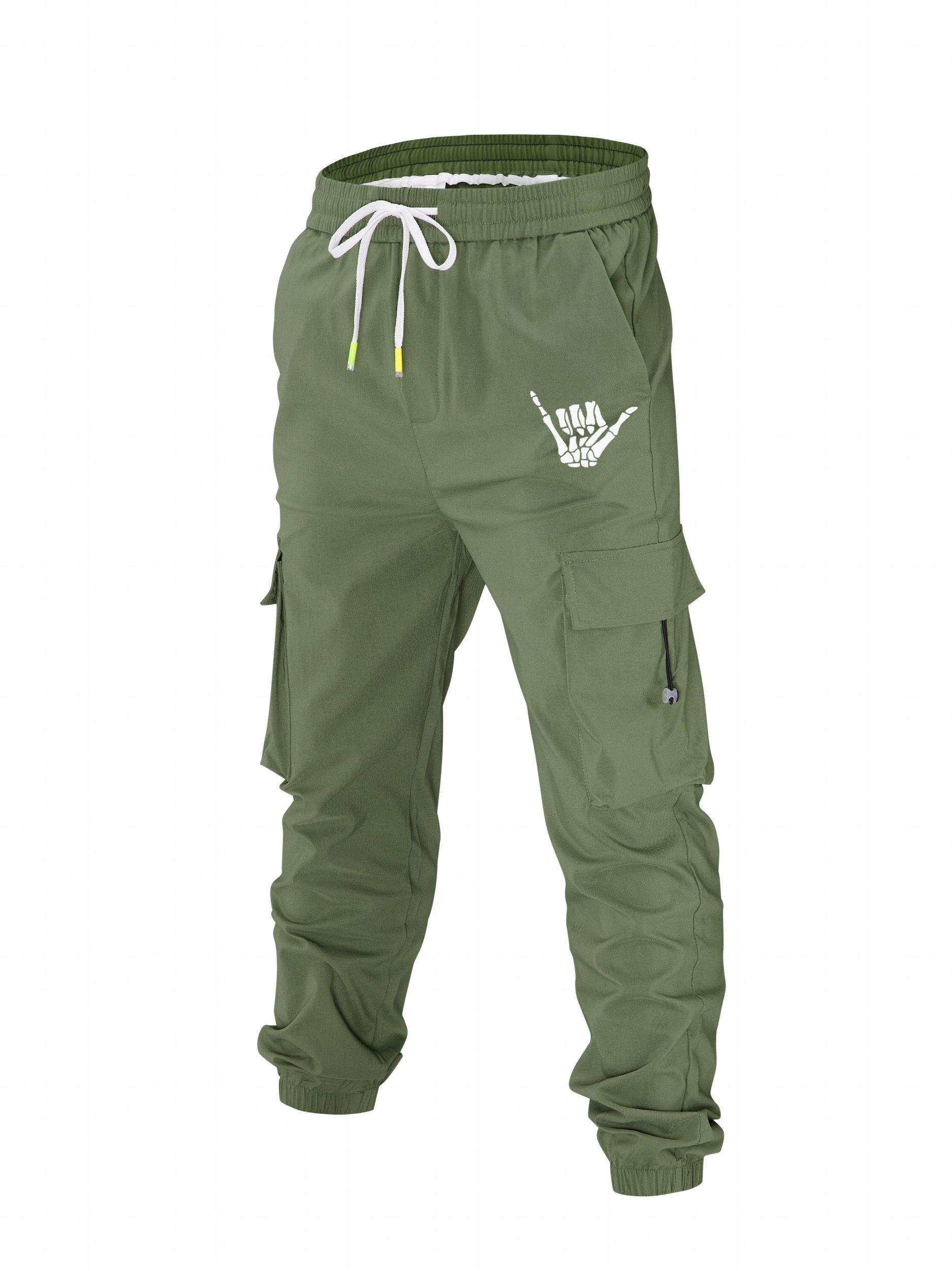 Hand Skeleton Print Men's Drawstring Flap Pocket Cargo Pants