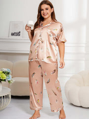Feather Print Button Up Shirt & Pants Pajama Set