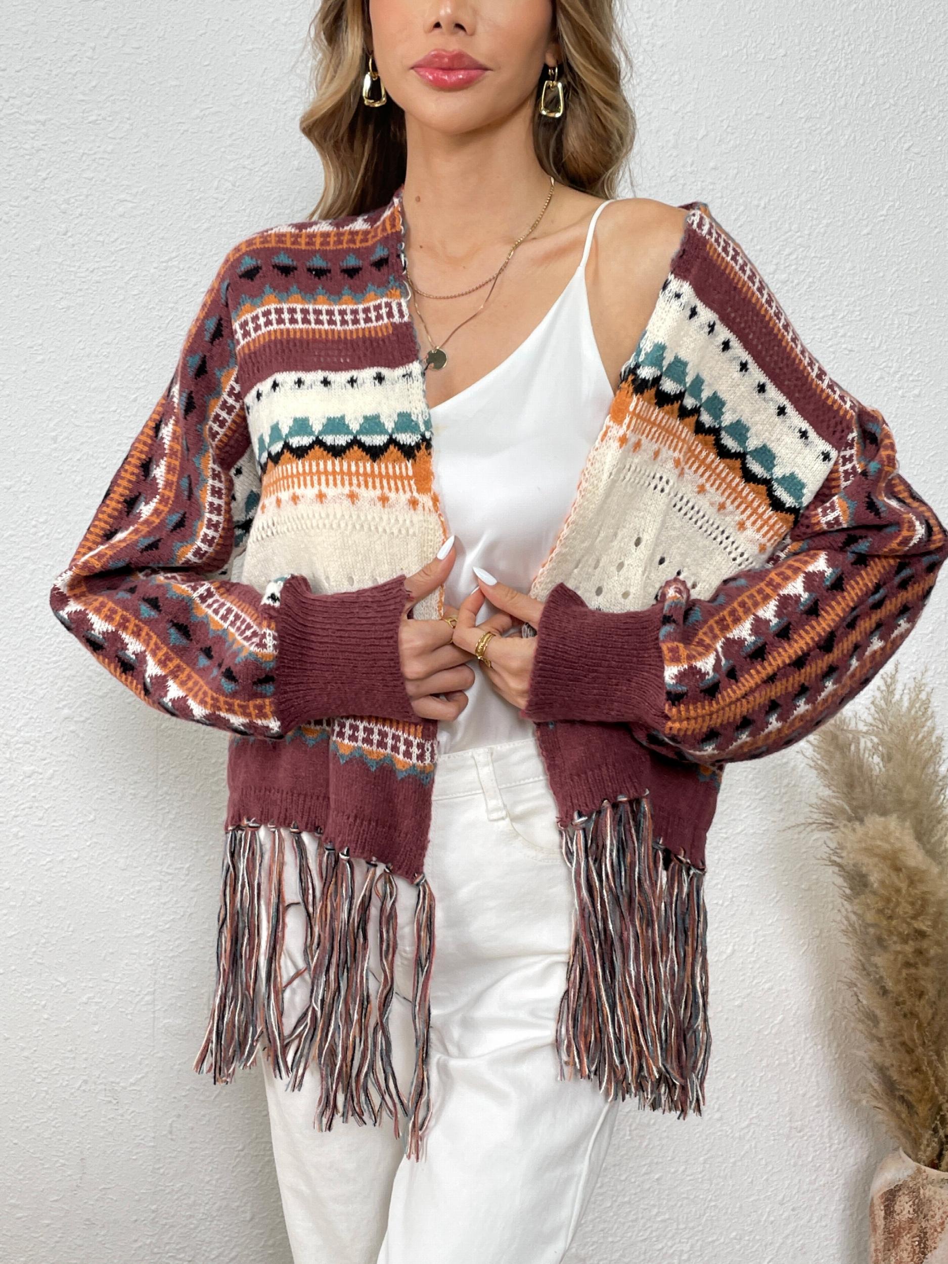 Ethnic Pattern Tassel Cardigan Vintage Open Front Cardigan