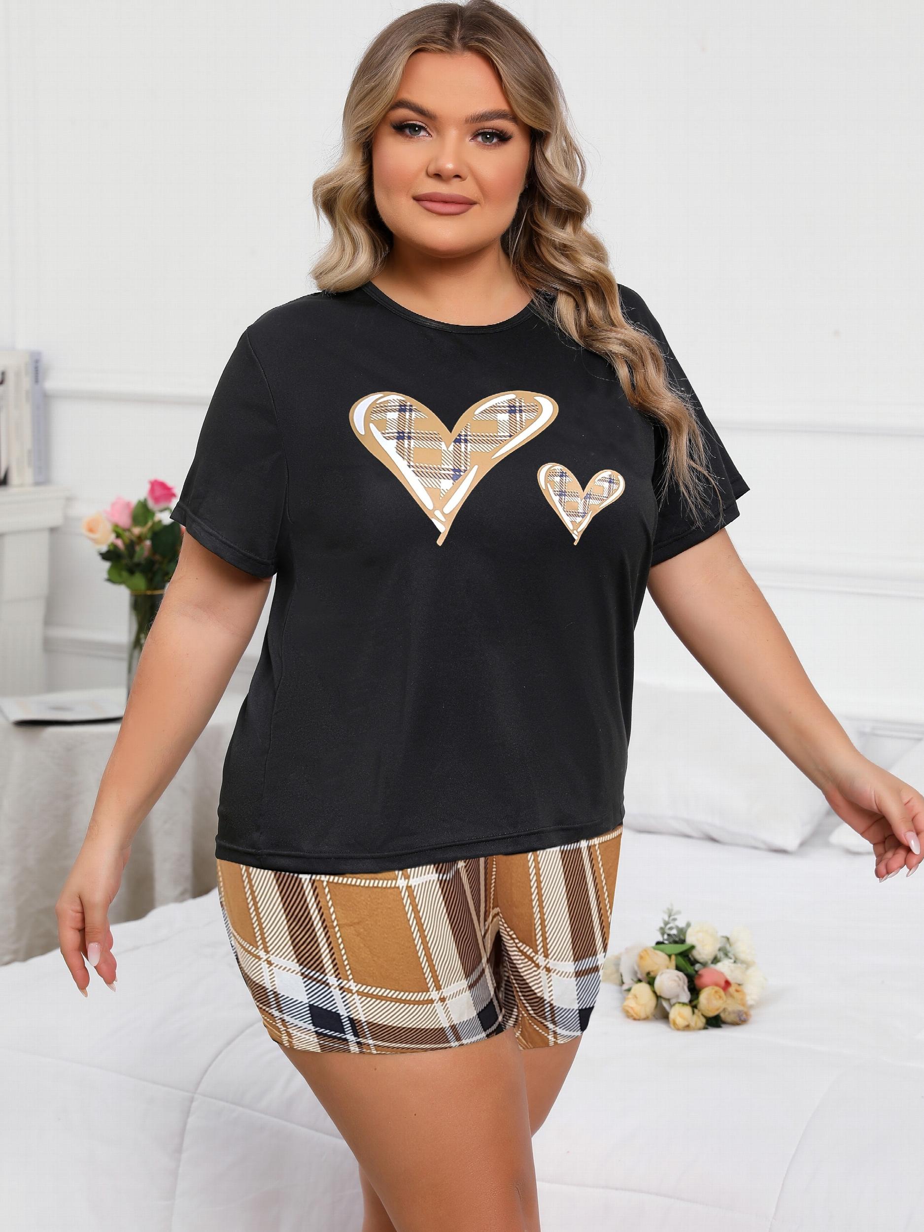 Plaid Heart Print Tee & Shorts Lounge Set