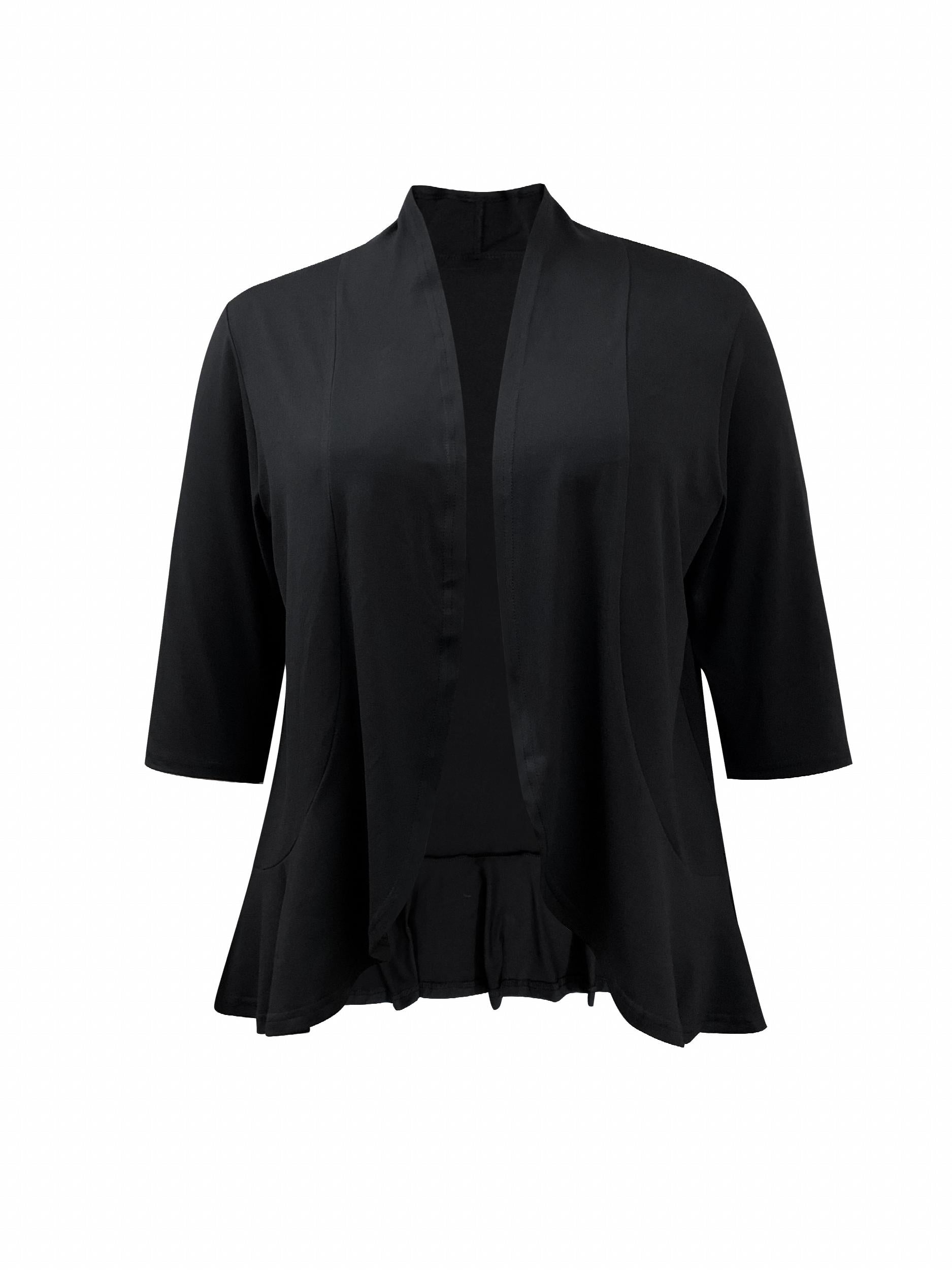 Solid Half Sleeve Open Front Ruffle Trim Cardigan