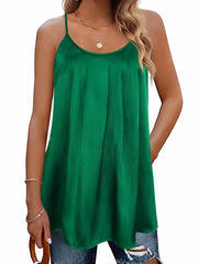 Solid Pleated Cami Top Sleeveless Crew Neck Summer Top Women's Clothing