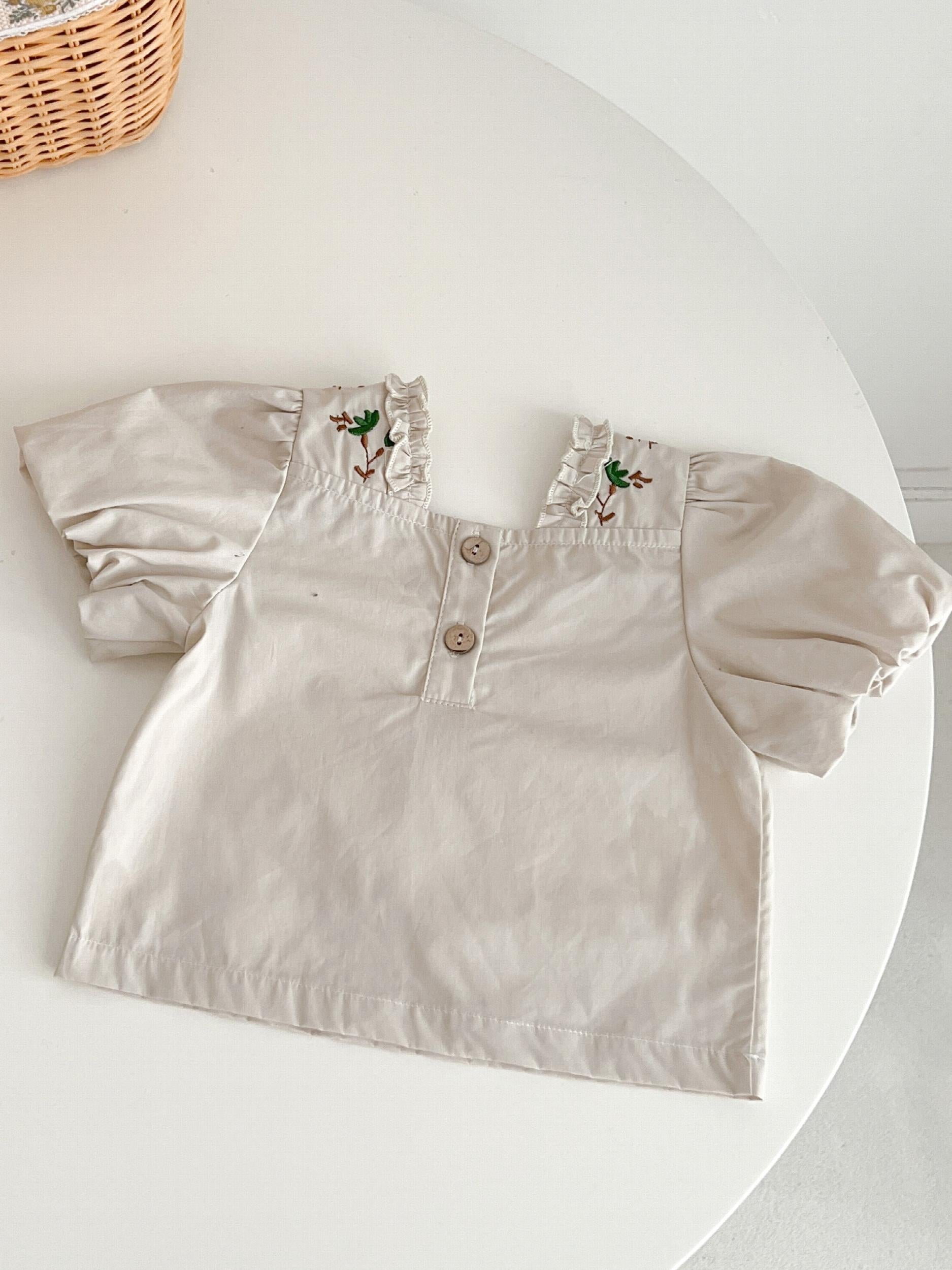 Baby Girls Floral Embroidery Square Neck Top Summer Clothes