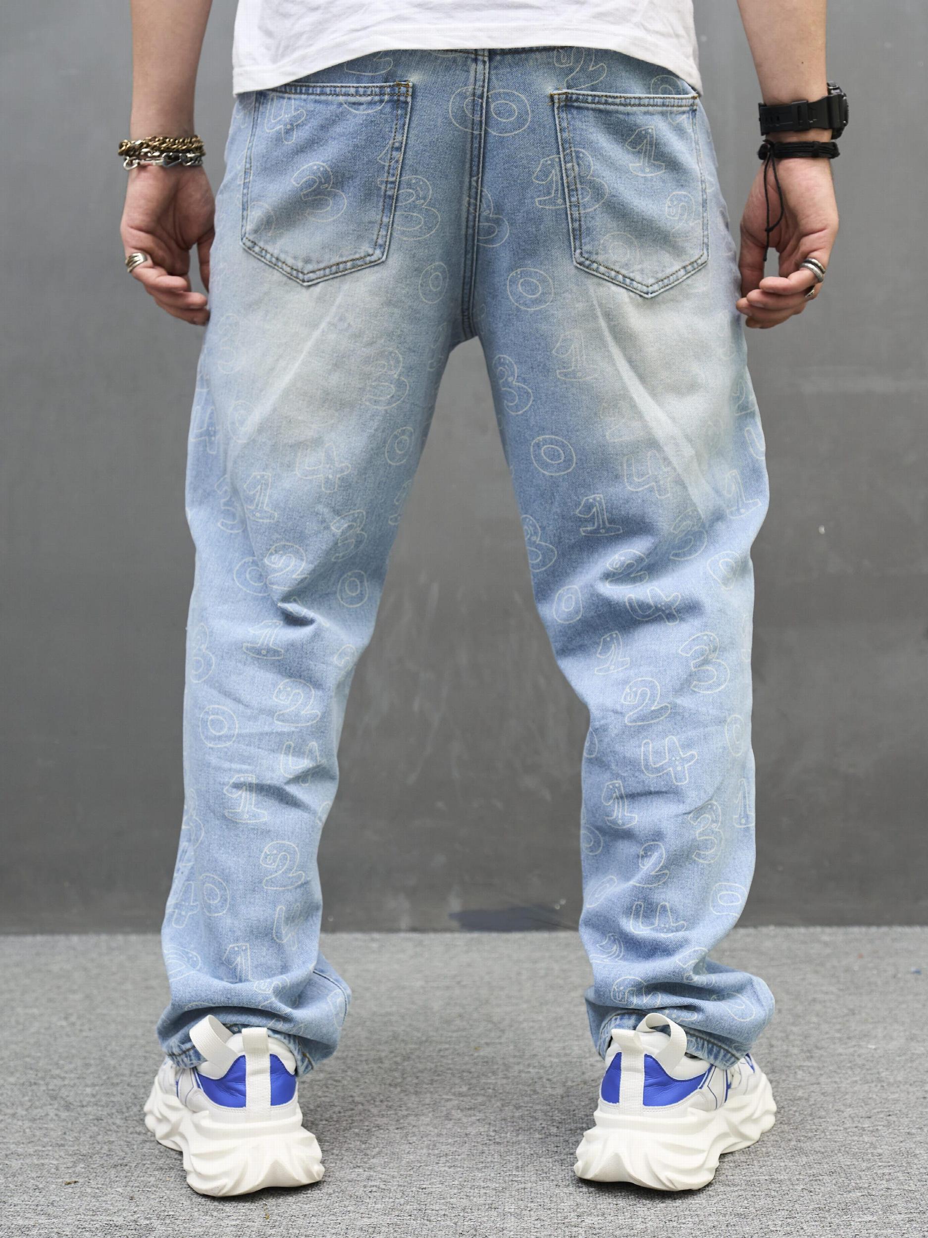 Men's Loose Fit Number Print Jeans Casual Denim Pants