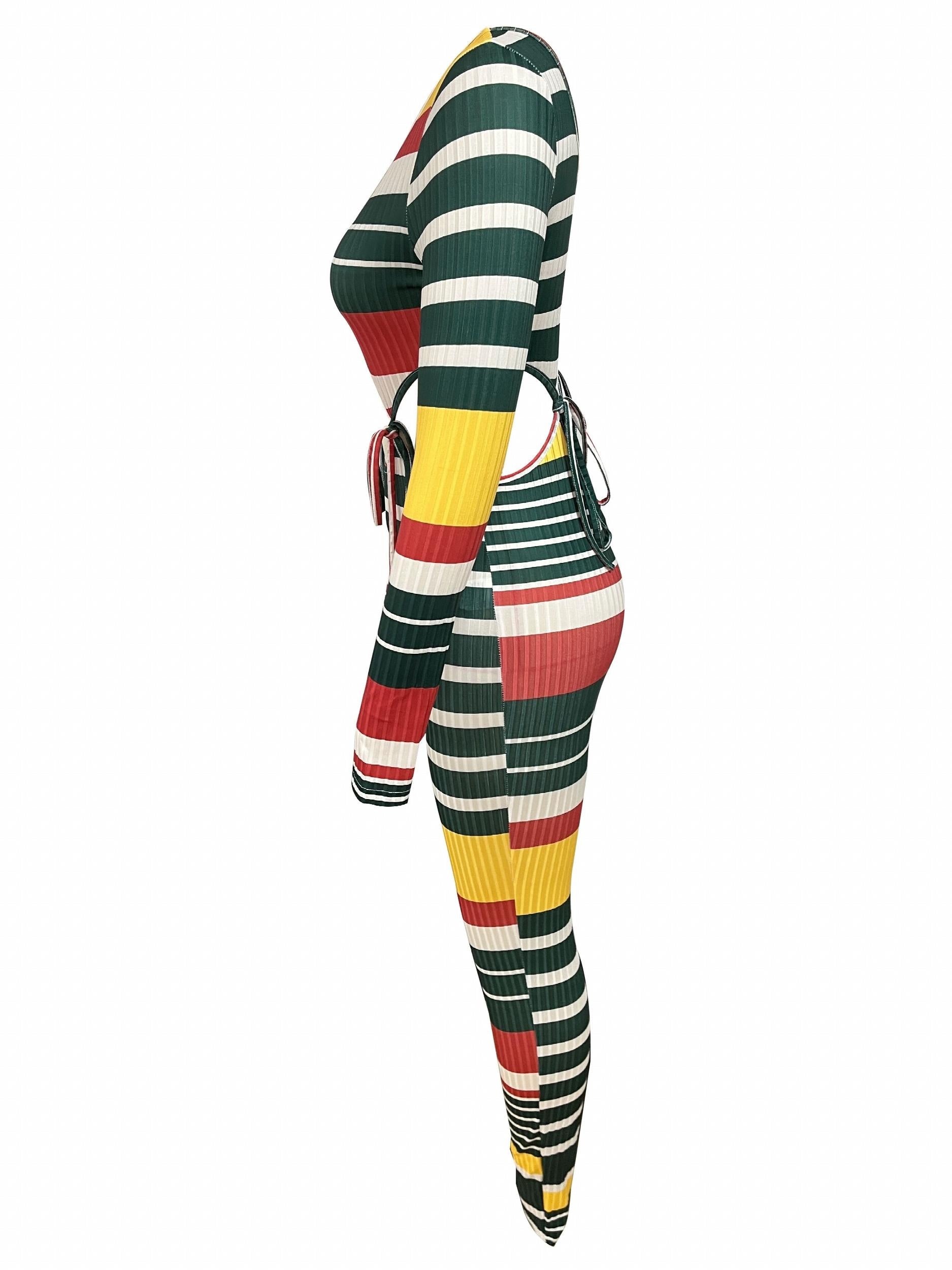 Striped Print Tie Set Scoop Neck Crop Top & Slim Pants Outfit
