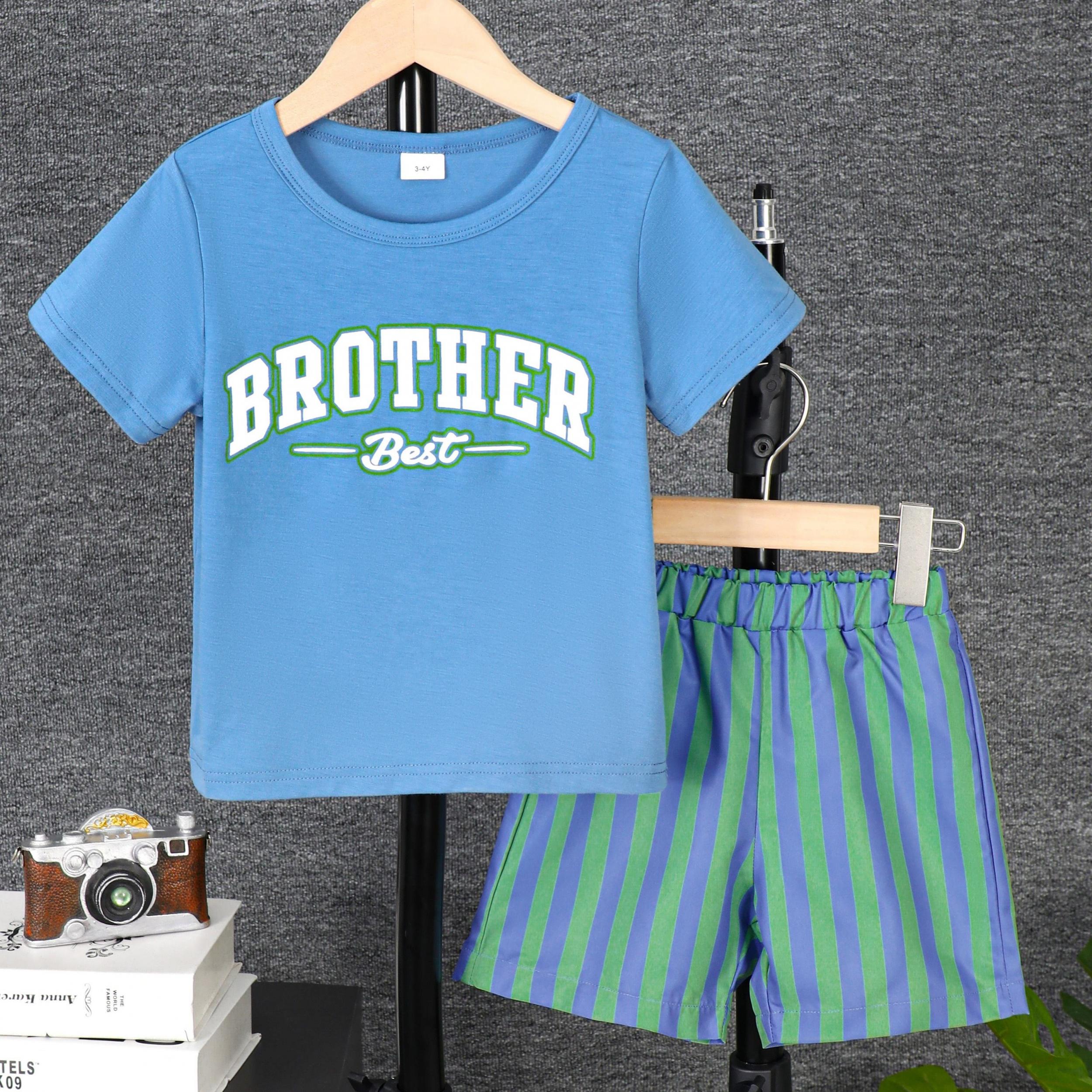 BROTHER Print Boy's 2pcs T shirt & Stripe Shorts Set for Summer